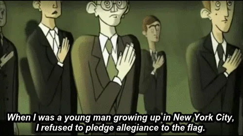 A comic strip panel shows a line of identical men in suits and ties standing at attention with their right hands over their…
