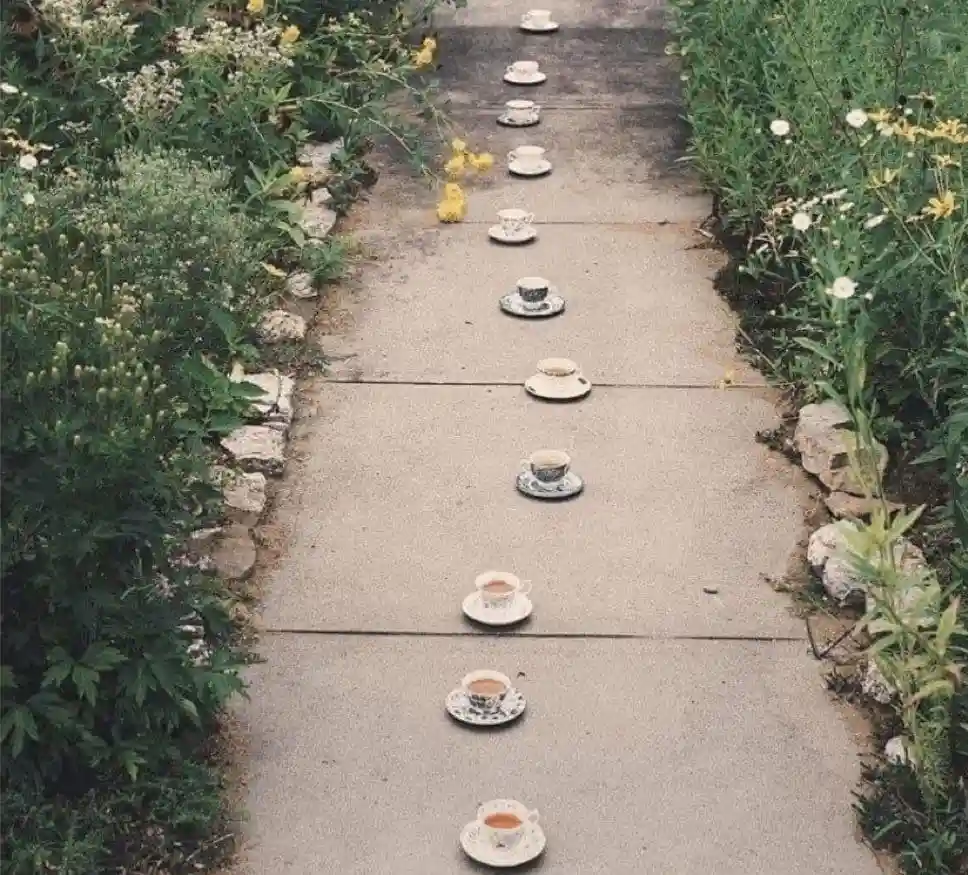 A concrete garden path is lined with small, ornate teacups and saucers placed one after another, receding into the distance…