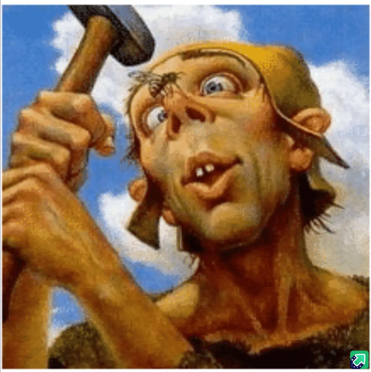 A cartoonish man with a yellow cap and a hammer raised in his hands stares in exaggerated shock at a fly buzzing near his…