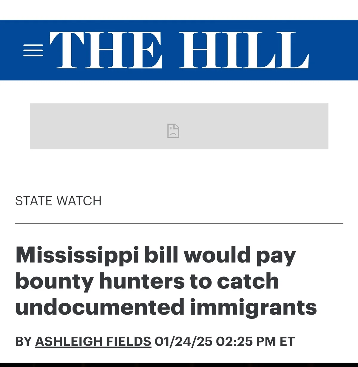 A screenshot of a news article from 'The Hill' website under the 'State Watch' section, featuring the headline 'Mississippi…