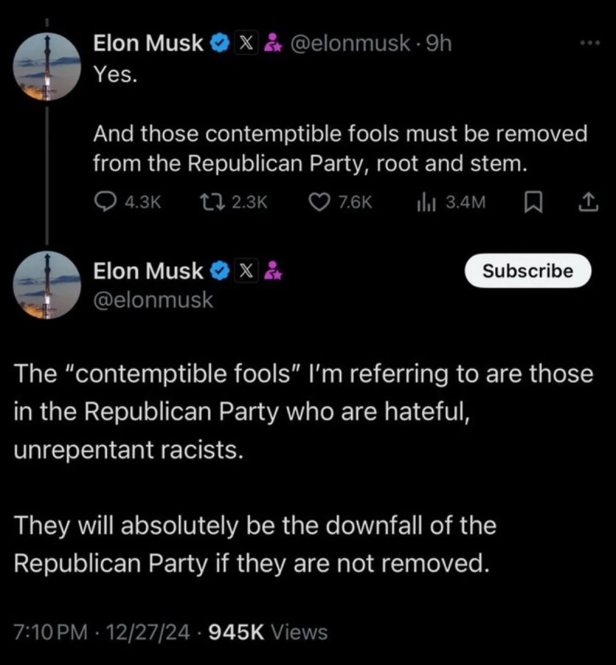 The image displays two tweets from Elon Musk's X account, presented as if they were from a YouTube video. The first tweet…