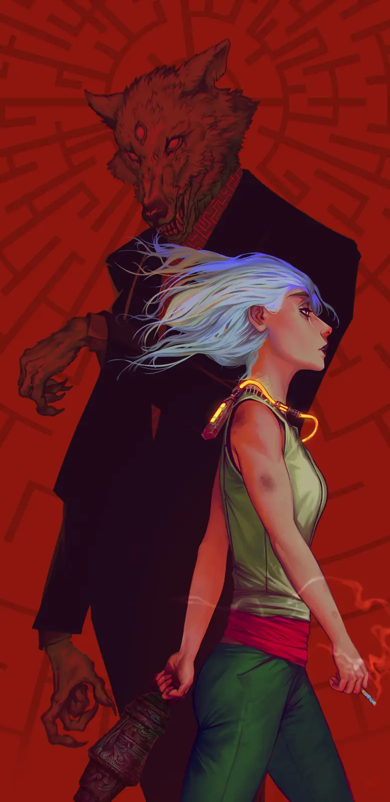 A stylized illustration shows a woman with white hair and a glowing orange collar walking forward, holding a cigarette and a…