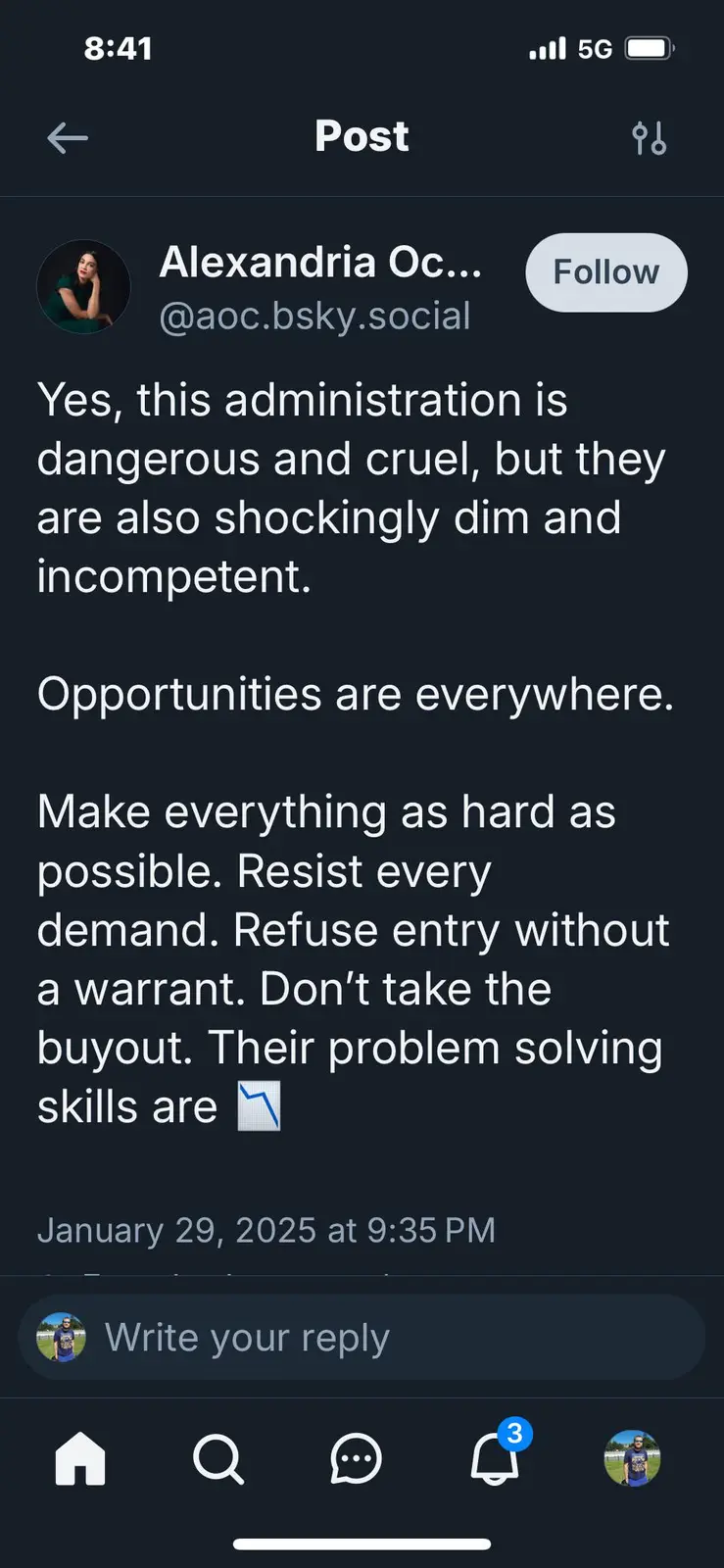 A screenshot of a social media post by Alexandria Ocasio-Cortez on a platform resembling Bluesky, featuring a dark theme…