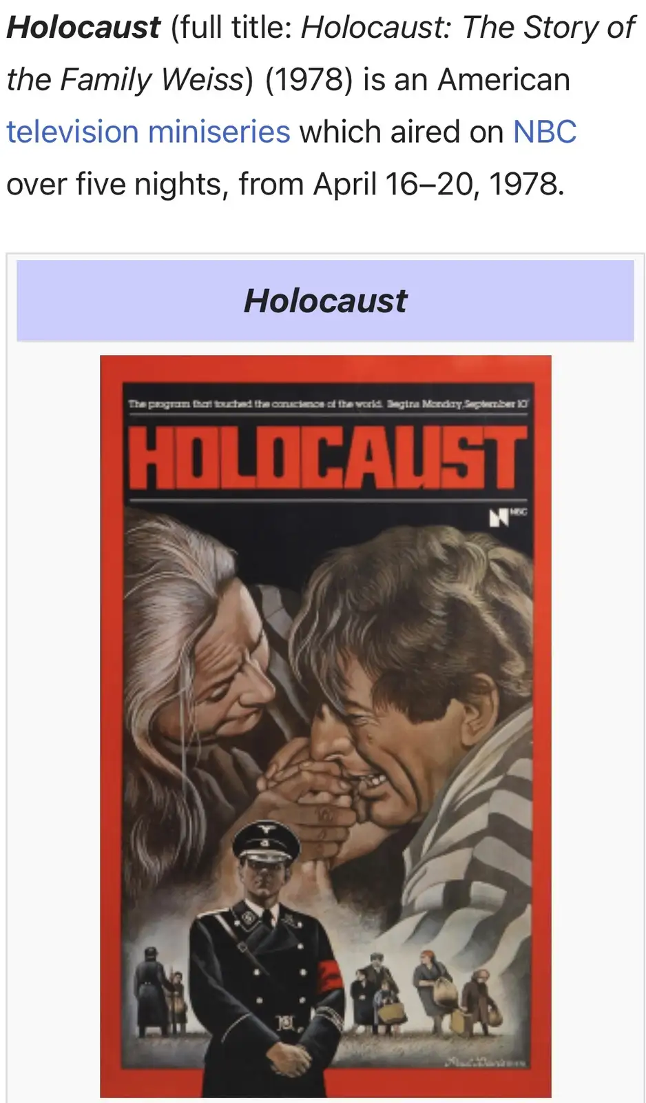 The image displays the promotional poster for the 1978 NBC miniseries 'Holocaust: The Story of the Family Weiss,' featuring…