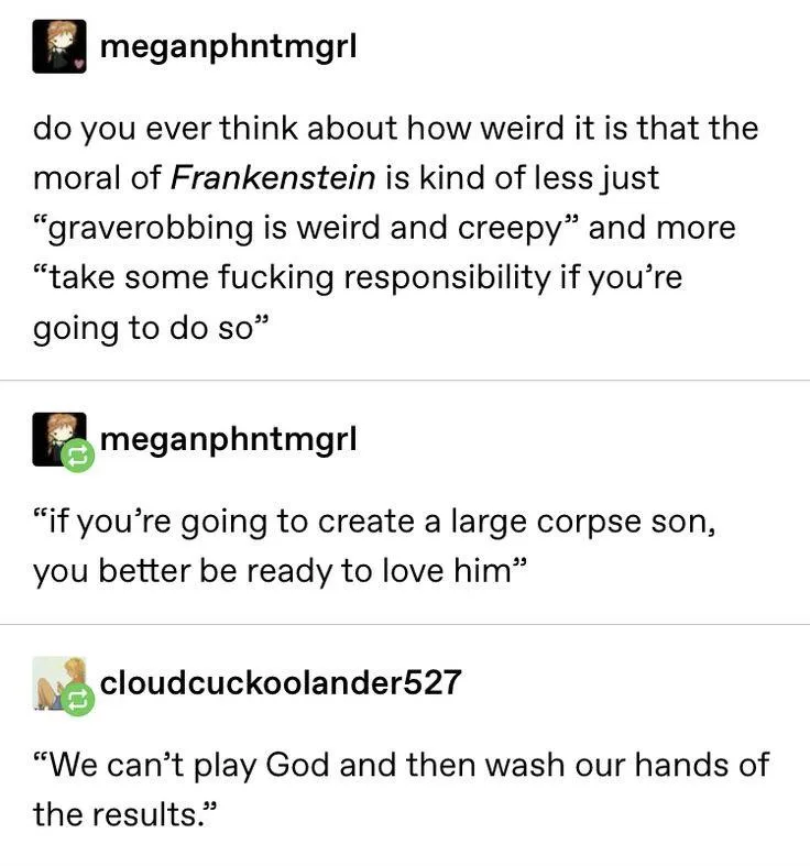 A screenshot of a social media thread where user 'meganphntmgrl' questions the moral of Frankenstein, suggesting it's more…