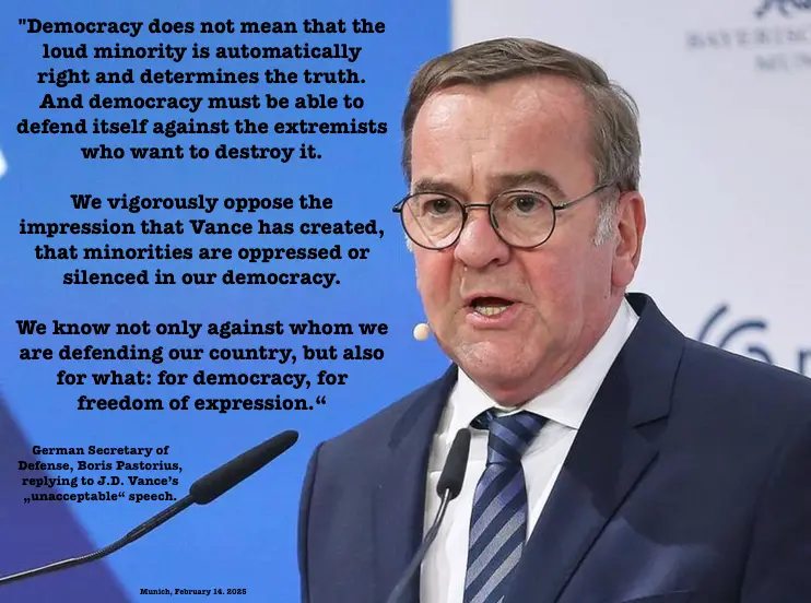 A man in a suit and glasses speaks at a podium, with large text overlaid quoting him defending democracy against extremists…