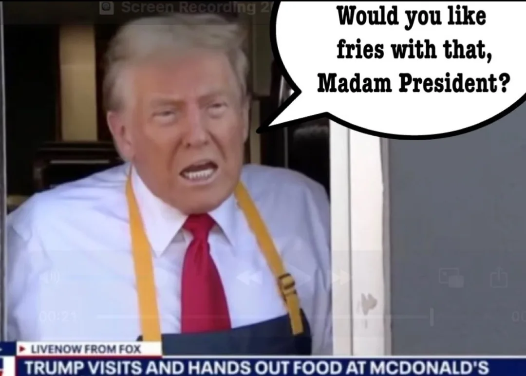 A screenshot from a Fox News broadcast shows Donald Trump wearing a McDonald's apron and red tie, with a speech bubble…