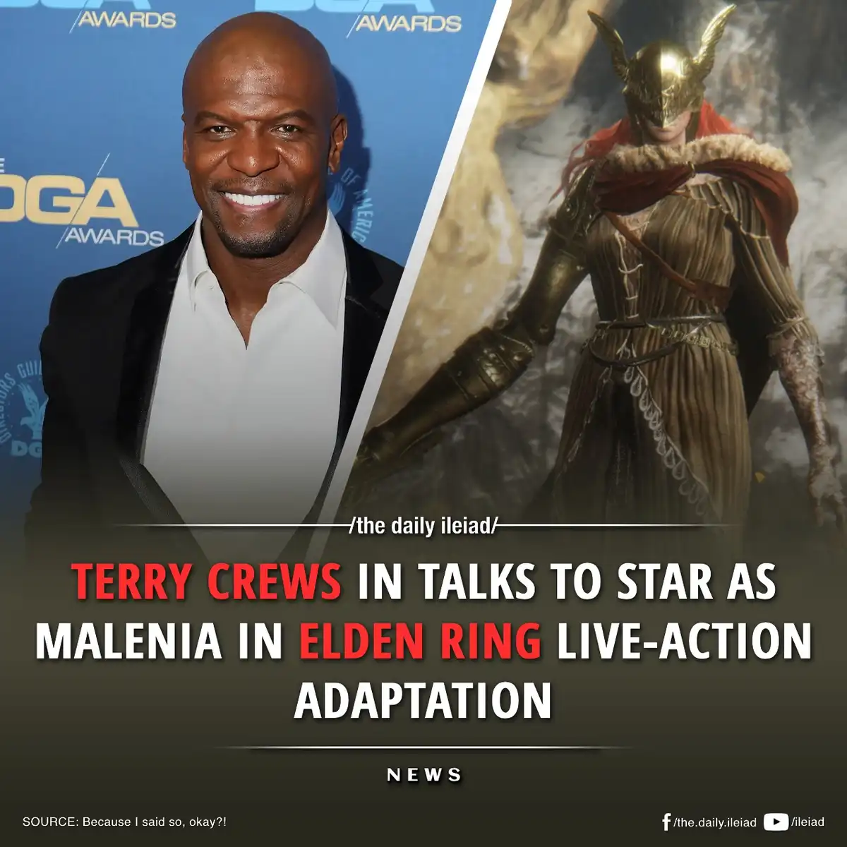The image is split: on the left, actor Terry Crews smiles at a DGA Awards event, and on the right, the video game character…