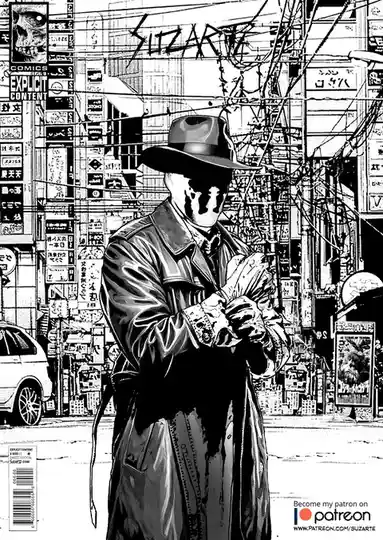 A black-and-white comic book cover style image shows a masked figure in a trench coat and fedora counting money on a busy…