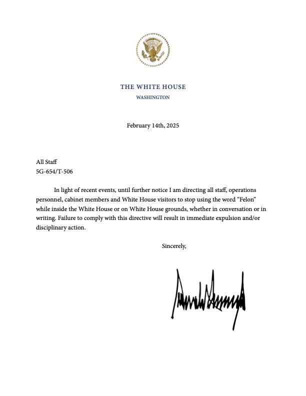 A fake White House memo dated February 14th, 2025, addressed to 'All Staff' with a signature that appears to be 'Donald…