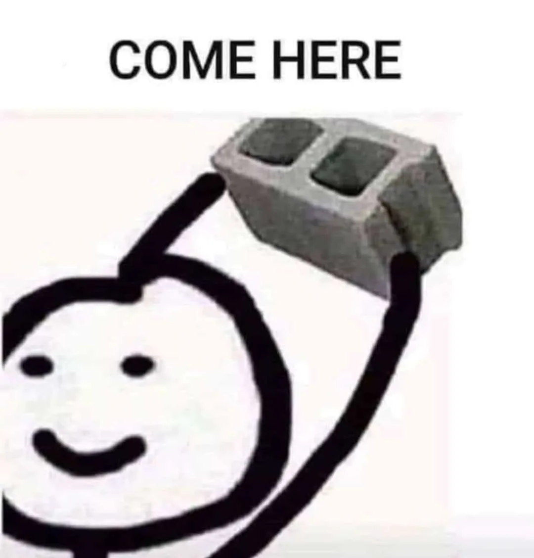 A simple stick figure with a smiling face holds up a concrete cinder block as if inviting someone to come closer, with the…