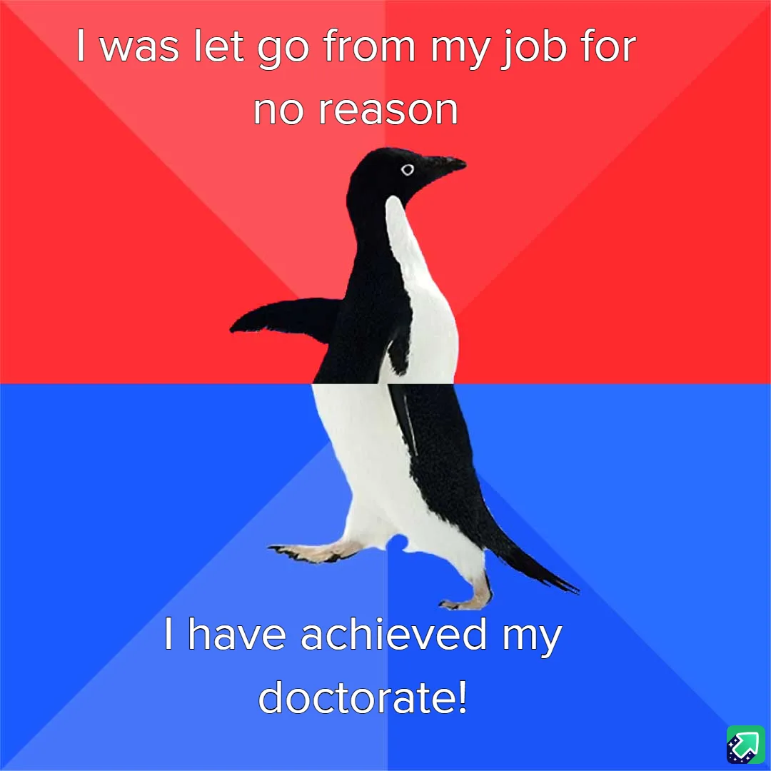 A penguin stands centered against a red and blue background, split horizontally. The top half has white text reading 'I was…