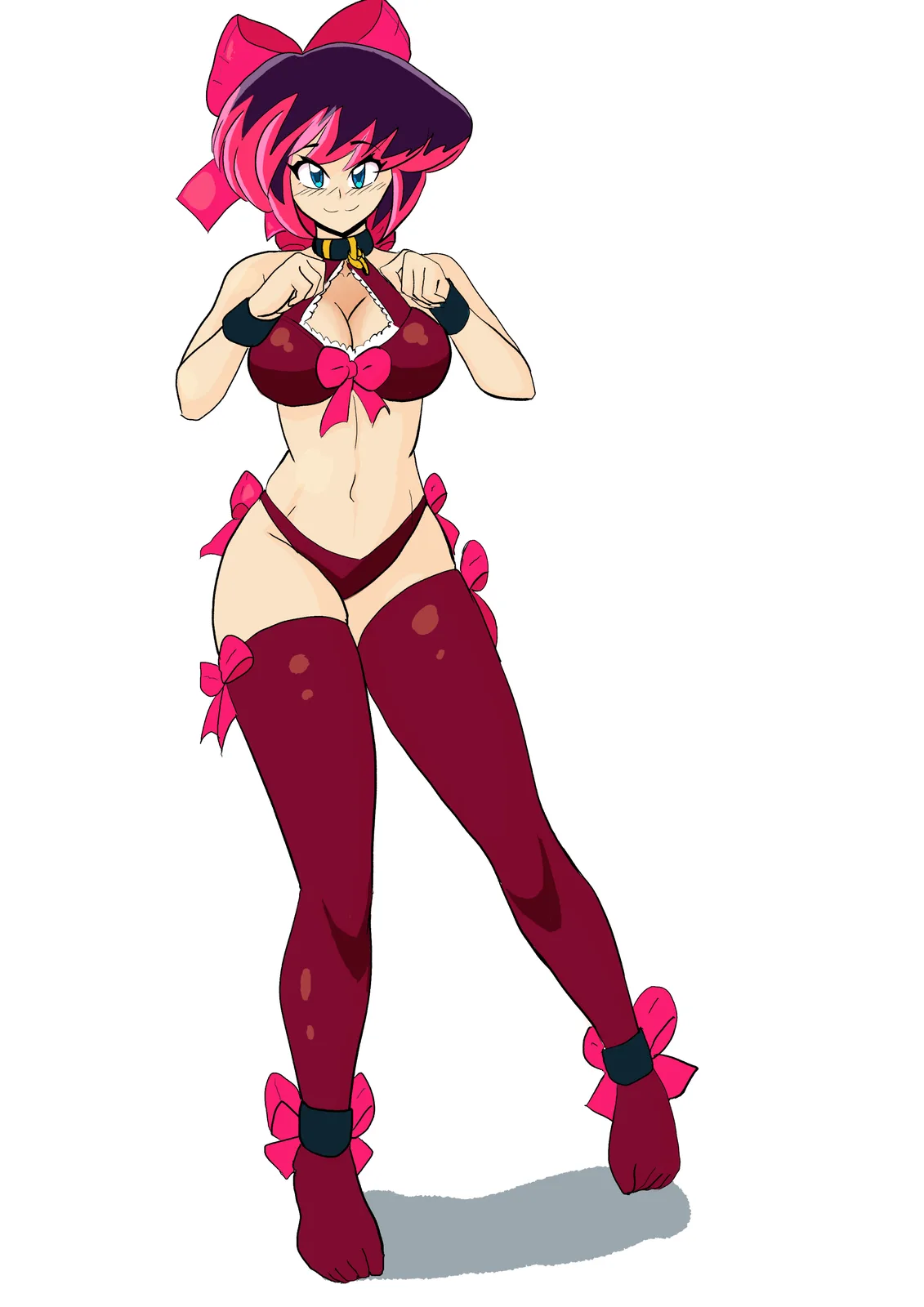 An anime-style female character with pink and dark hair, wearing a revealing maroon bikini with pink bows, thigh-high…