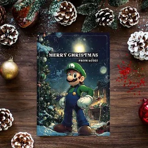 A Christmas card featuring Mario standing in a snowy, festive scene with a decorated tree and glowing lights. The card is…