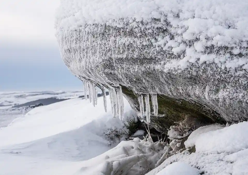 A close-up photograph of a large, snow-covered rock overhang in a snowy landscape, with numerous icicles hanging from its…