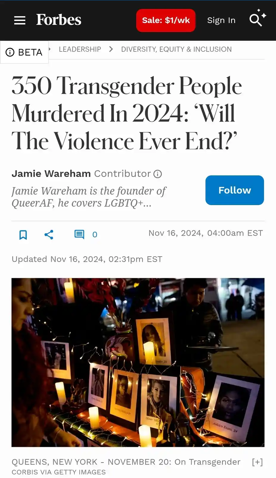 A screenshot of a Forbes article with the headline '350 Transgender People Murdered In 2024: 'Will The Violence Ever End?''…