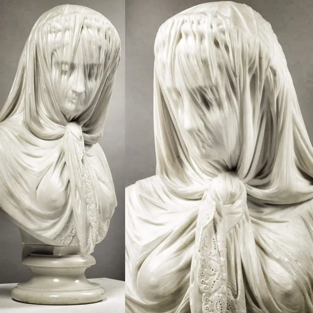 A split-image shows a marble bust of a woman with a heavy, draped veil covering her face; the left panel shows her face…