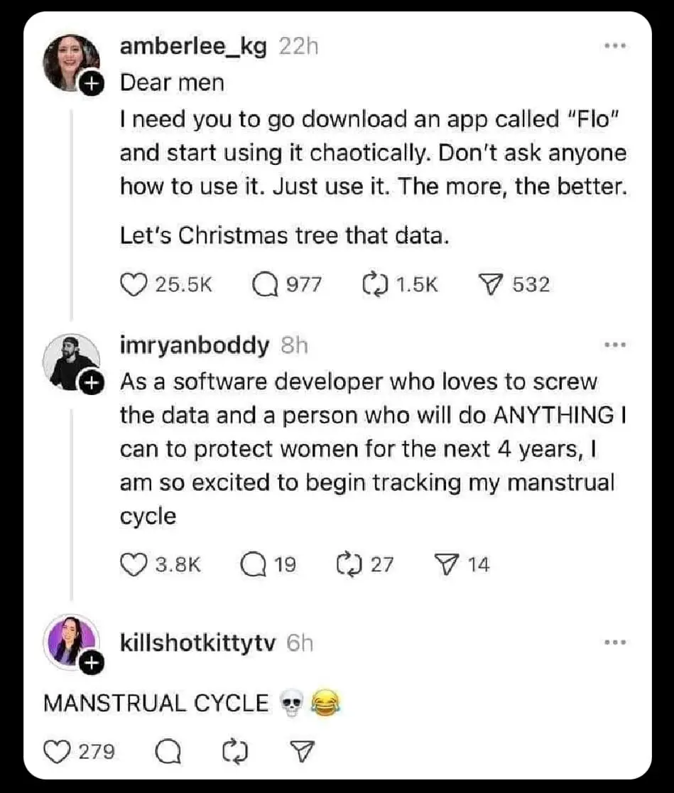 A screenshot of a social media thread where a user asks men to download and chaotically use the Flo app to 'Christmas tree…