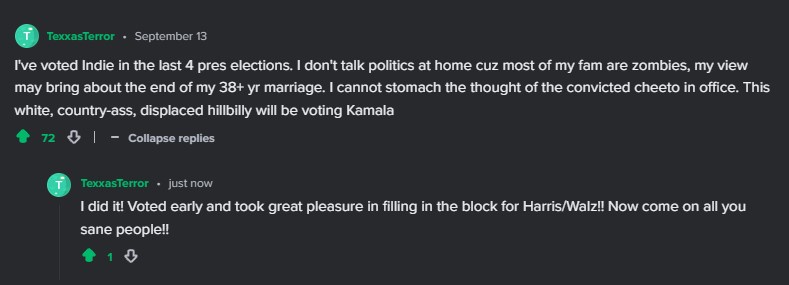 A screenshot of a Reddit comment by user 'TexasTerrror' expressing their political views and voting choice. The comment…