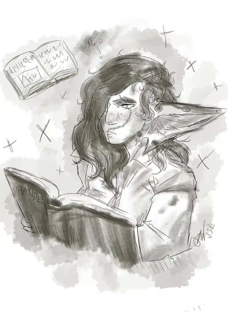 A grayscale sketch shows a person with long hair and pointed ears reading a book titled 'PHANDER'. Above their head, a…