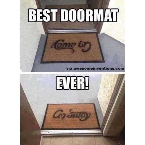 Two-panel image shows a doormat with 'Come in' in the top panel and 'Go away' in the bottom panel, with the text 'BEST…