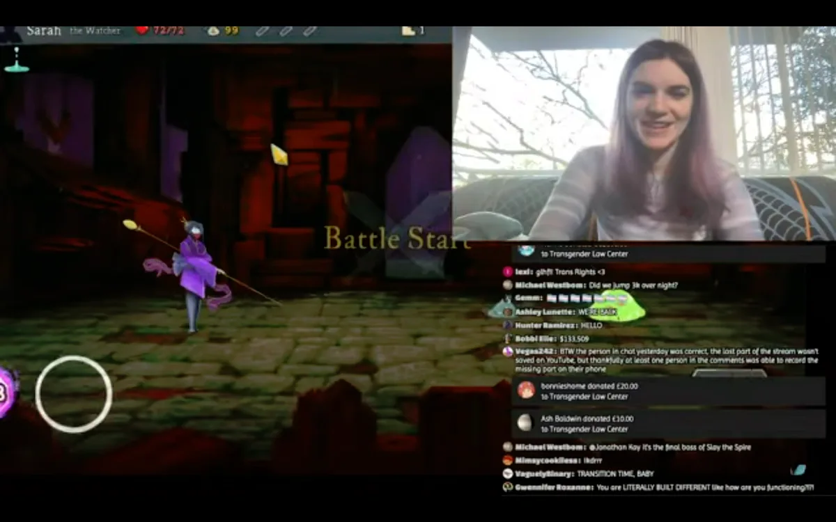 A split-screen image shows a video game character in a purple outfit holding a staff on the left, with the text 'Battle…