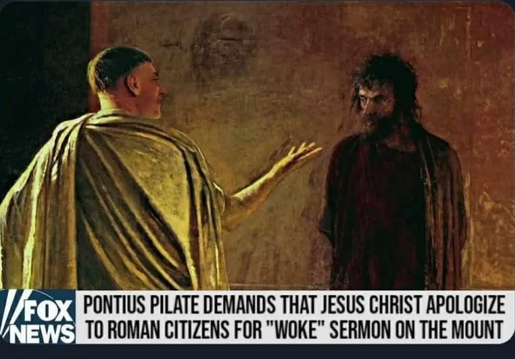 A classical painting depicts Pontius Pilate gesturing toward Jesus Christ. A Fox News banner overlay reads: 'PONTIUS PILATE…