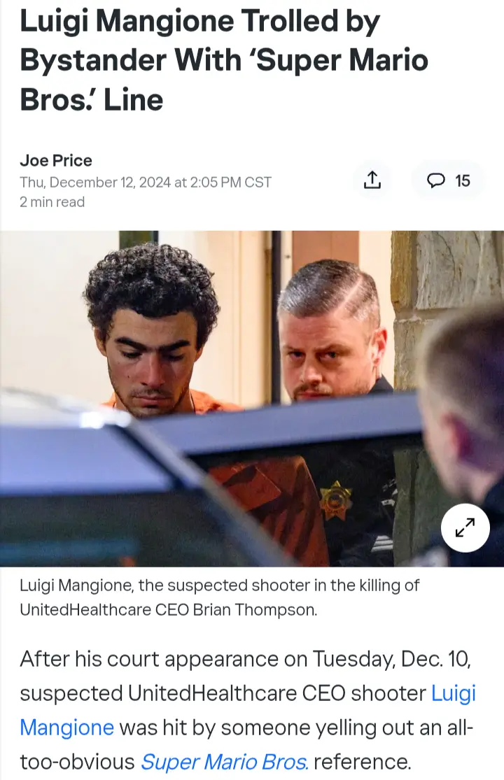 A screenshot of a news article shows Luigi Mangione, a man with curly dark hair wearing an orange jumpsuit, being escorted…