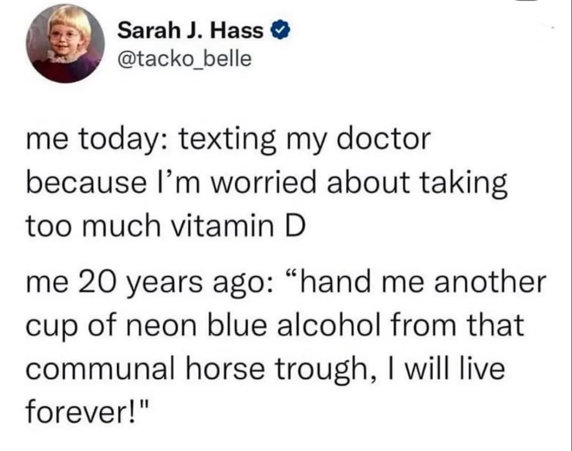 A screenshot of a tweet by Sarah J. Hass (@tacko_belle) showing a humorous contrast between her current cautious behavior…