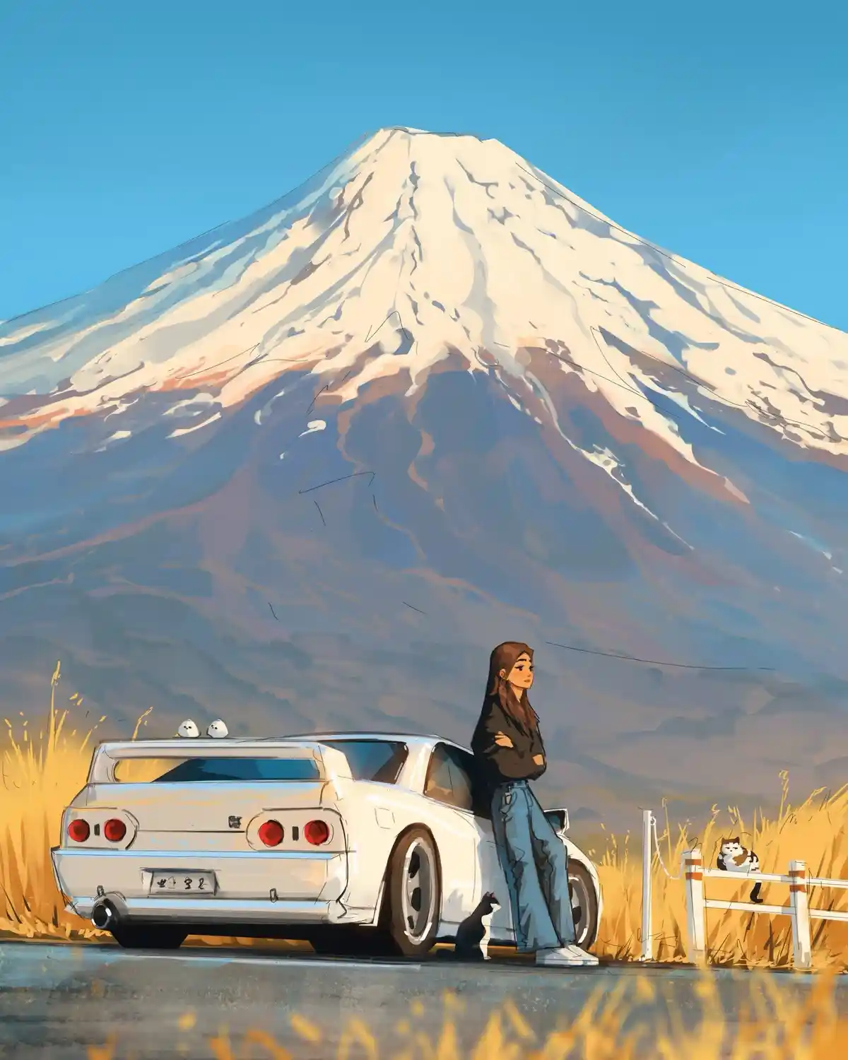 An anime-style illustration shows a young woman leaning against a white Nissan Skyline R32 GT-R parked on a roadside with…
