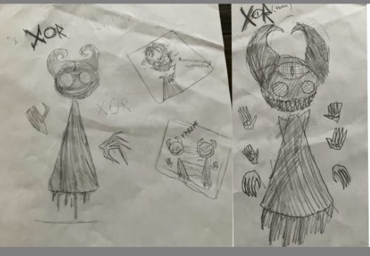 Two hand-drawn sketches on crumpled paper show a simple, childlike figure with a round head and long dress, labeled 'XOR'…