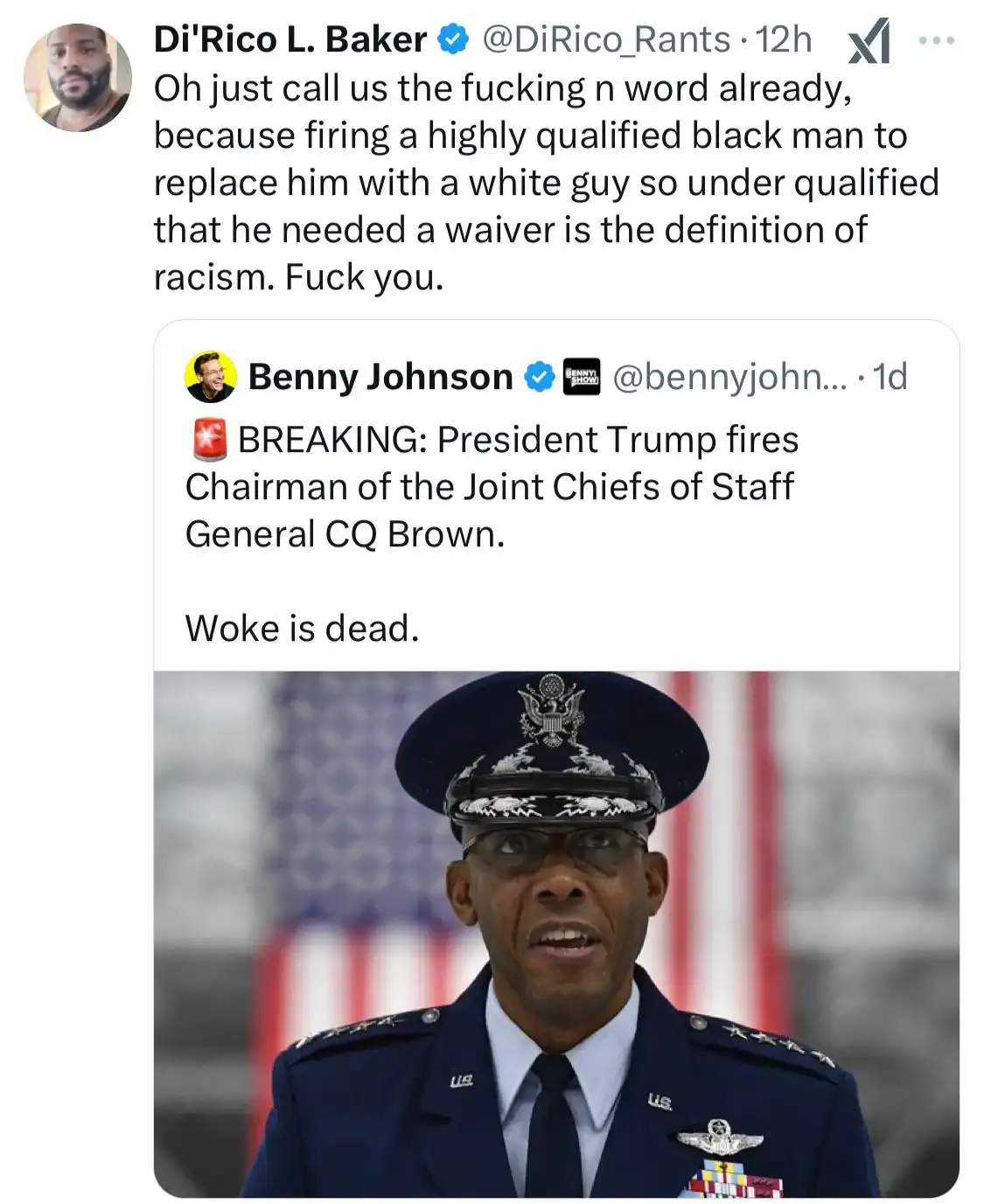 The image shows a screenshot of two tweets above a photo of General CQ Brown in his military uniform, looking shocked. The…
