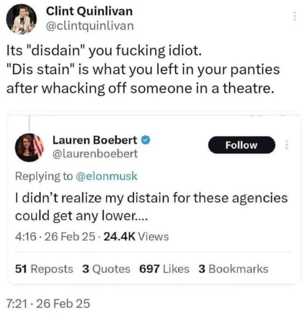 A screenshot of a Twitter thread shows Lauren Boebert's tweet saying 'I didn't realize my distain for these agencies could…
