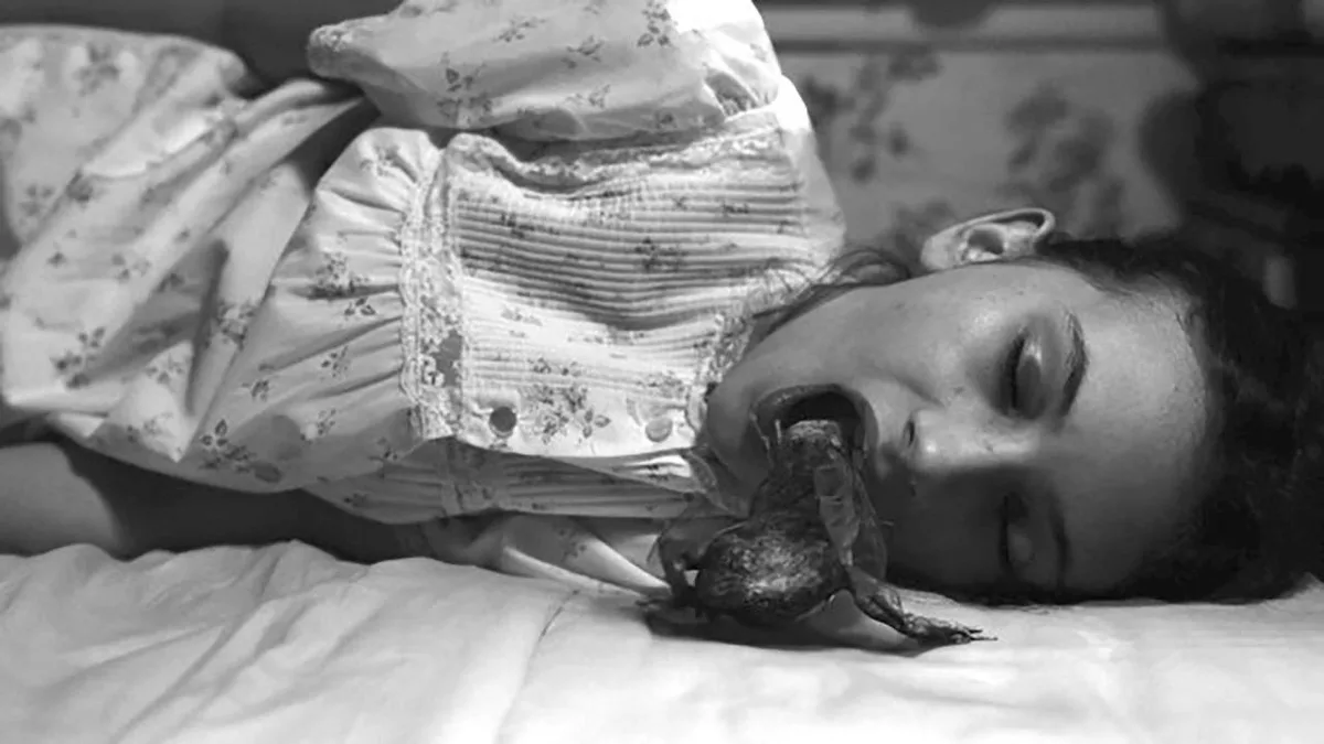 A black-and-white image shows a young girl in a floral nightgown lying in bed with her eyes closed, a frog in her mouth. The…