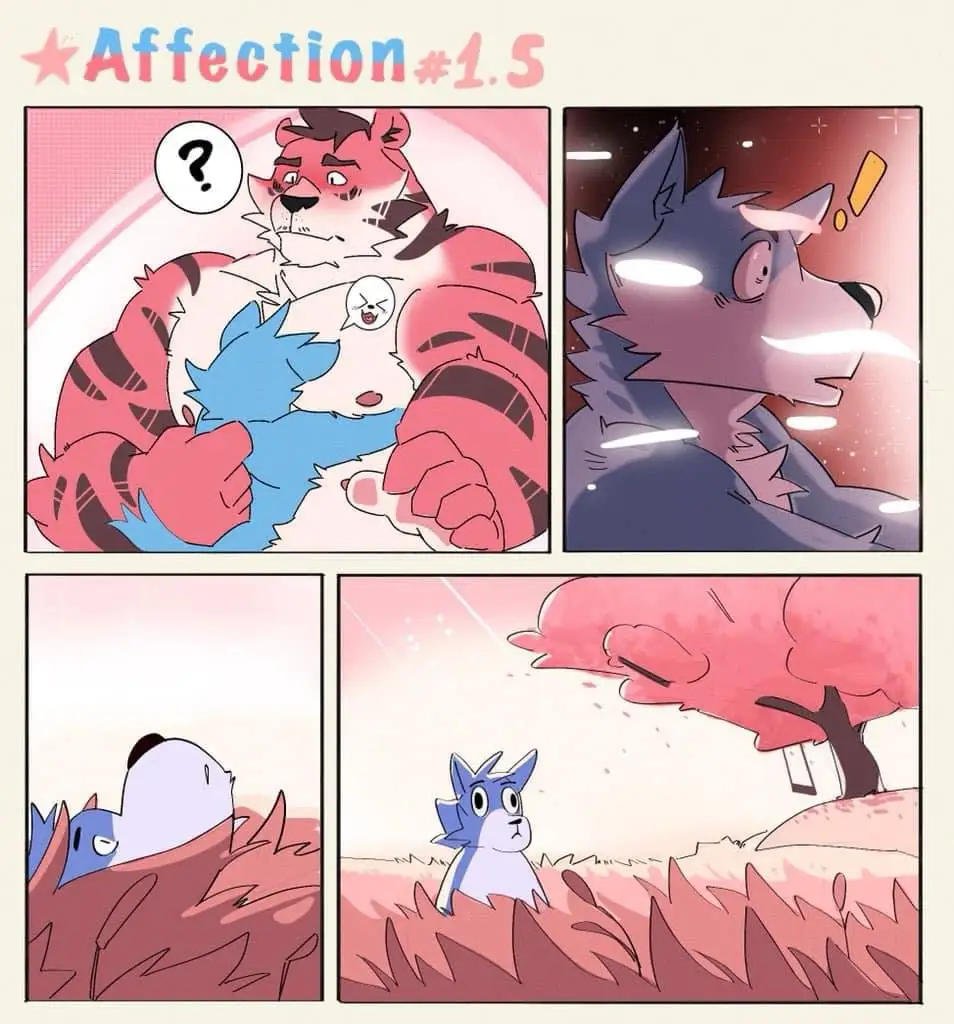 A four-panel comic titled 'Affection #1.5' shows a large tiger-like character holding a small blue creature, looking…