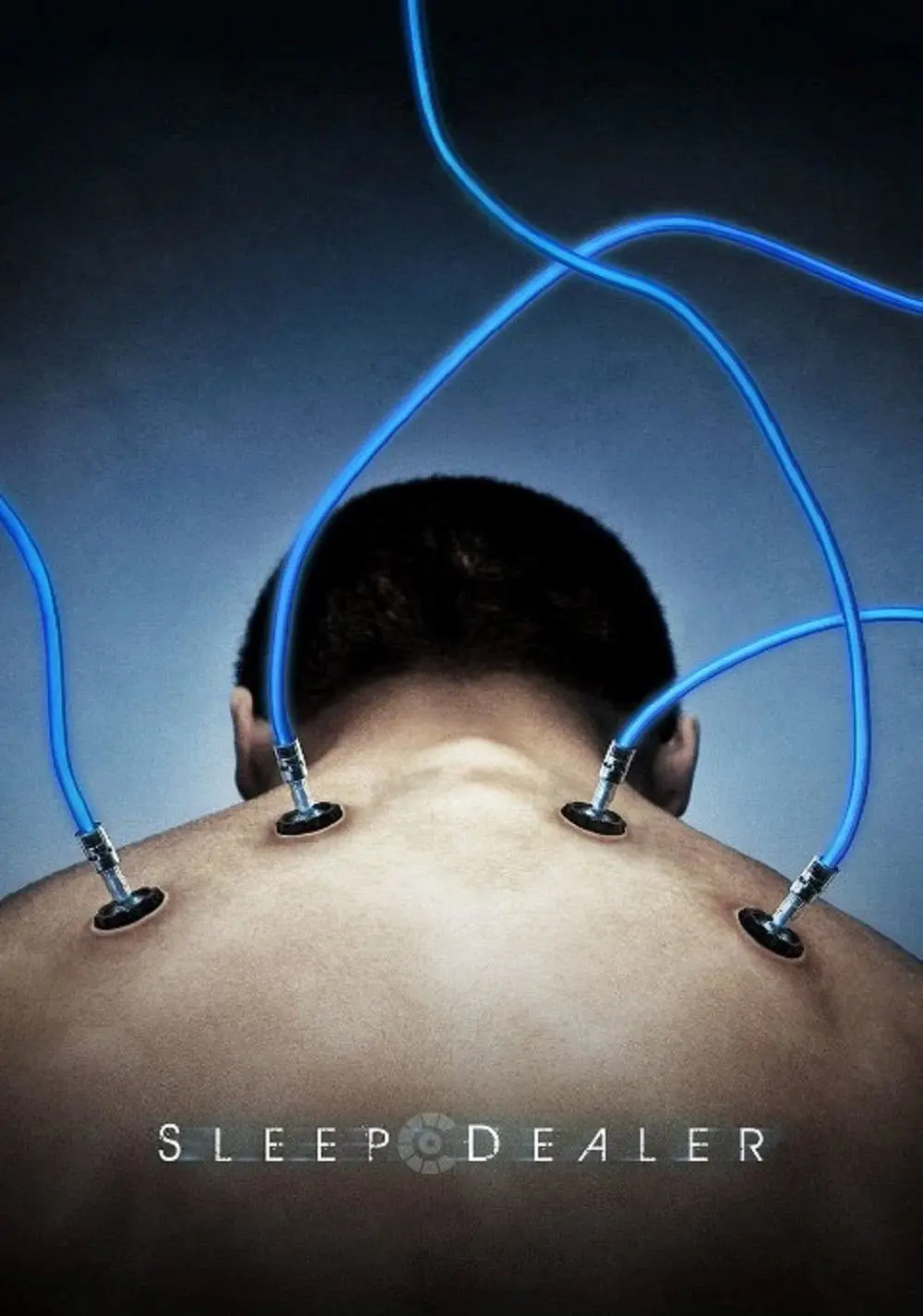 The image shows the back of a shirtless man with several blue tubes inserted into his skin near his neck and shoulders…