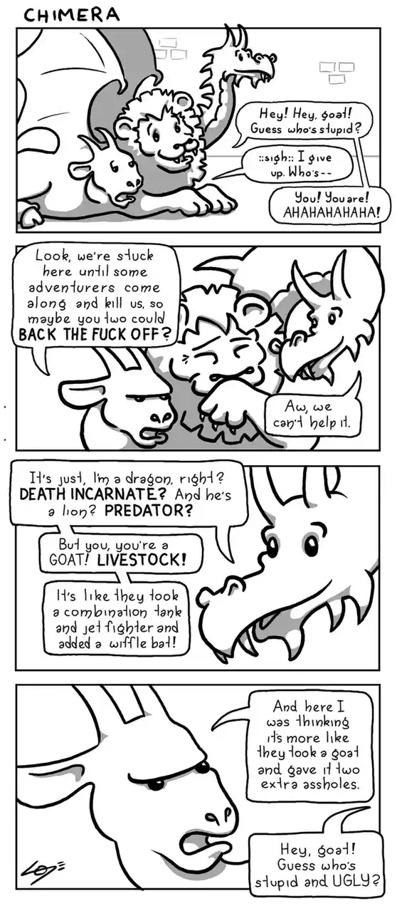 A four-panel black-and-white comic titled 'CHIMERA' depicts a dragon and a lion arguing with a goat. The dragon mocks the…