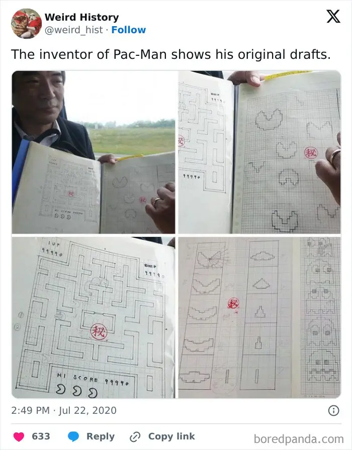 A collage of four images showing a man holding open notebooks with hand-drawn, pixelated designs for Pac-Man, including maze…