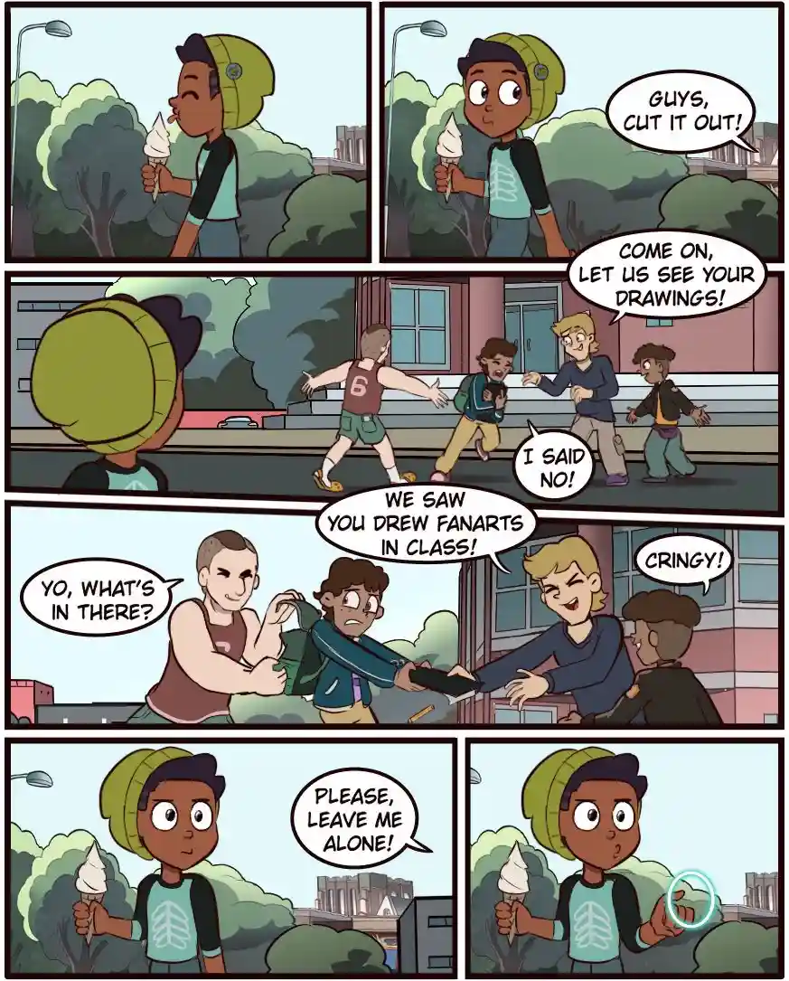 A comic strip shows a person eating ice cream while friends harass another person for showing fanart. The harassed person…