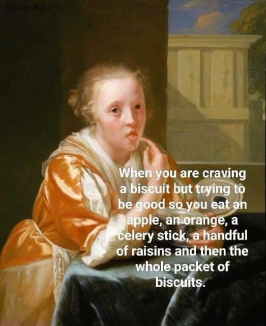 A classical painting of a young woman in an orange and white dress, looking pensive while holding a small plate. Overlaid…