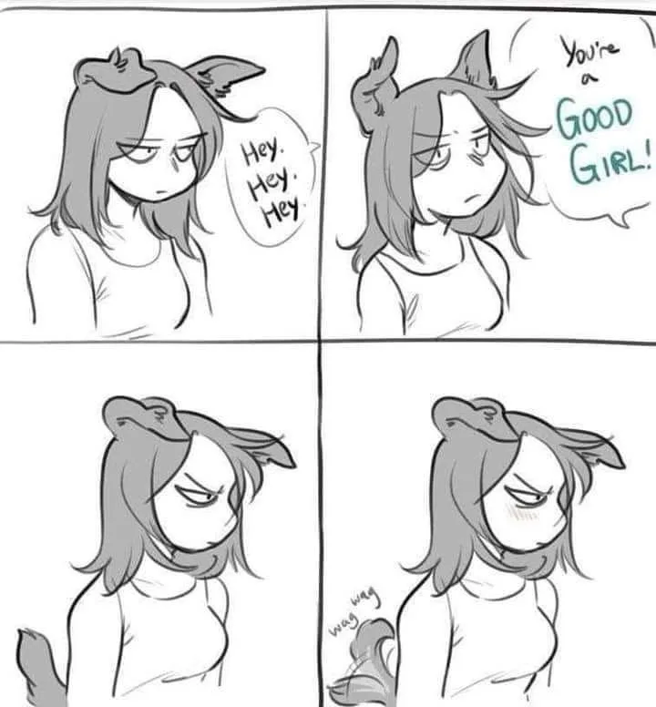 A four-panel comic shows a girl with cat ears and a tail. In the first panel, she's being called 'Hey. Hey. Hey.' by someone…