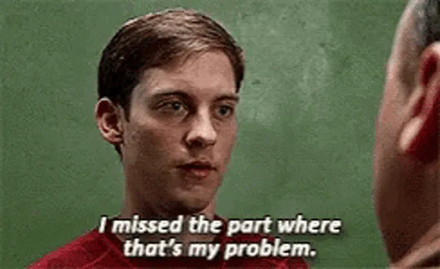 A six-panel meme featuring actor Tobey Maguire in a red shirt, looking at another person against a green wall. Each panel…