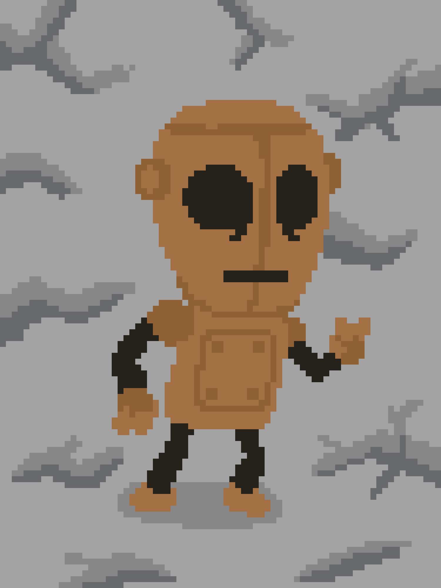 A pixelated, brown-skinned character with large black eyes and a neutral expression stands against a gray background with…