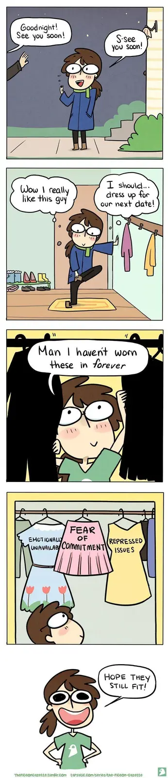 A four-panel comic shows a woman excitedly preparing for a date after a goodnight exchange. She thinks about dressing up…