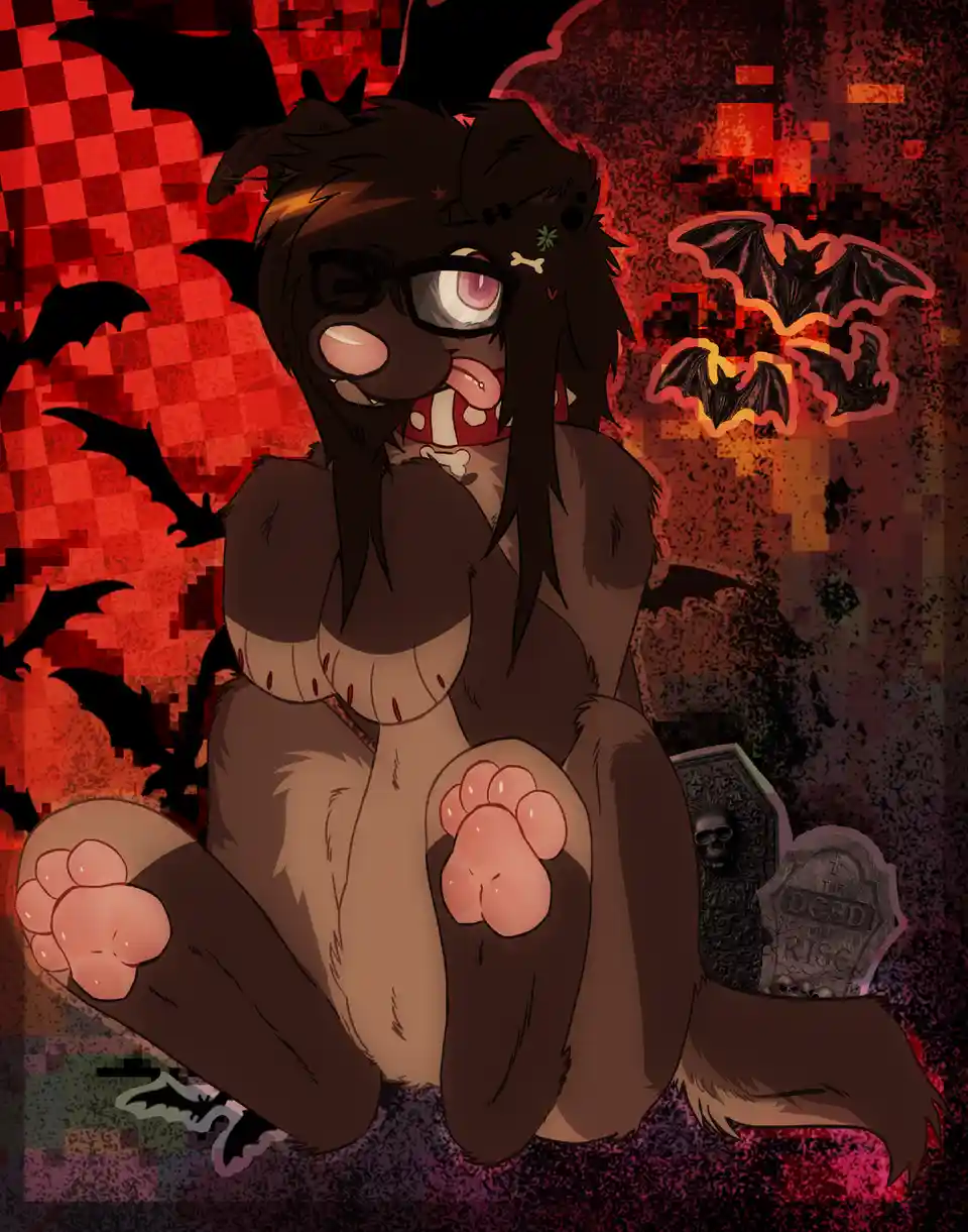 An anime-style anthropomorphic brown wolf with glasses, bat wings, and a skull-themed collar sits cross-legged in a dark…