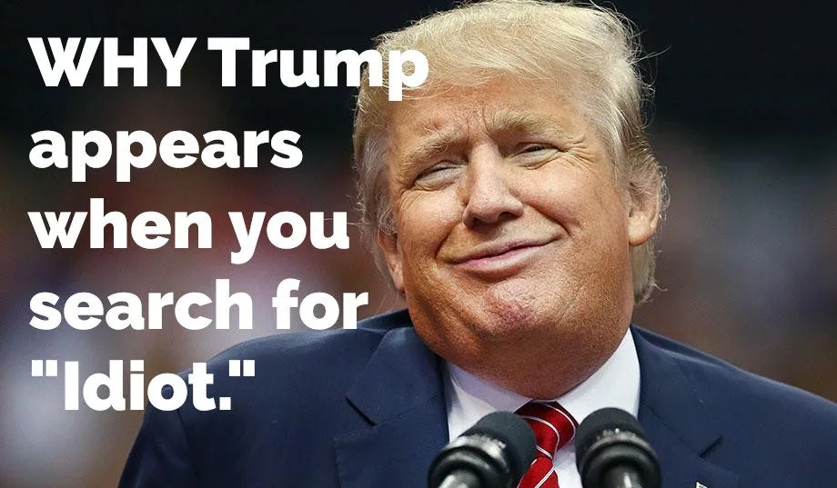 A close-up photo of Donald Trump smiling smugly while standing at a podium with microphones, overlaid with large white text…