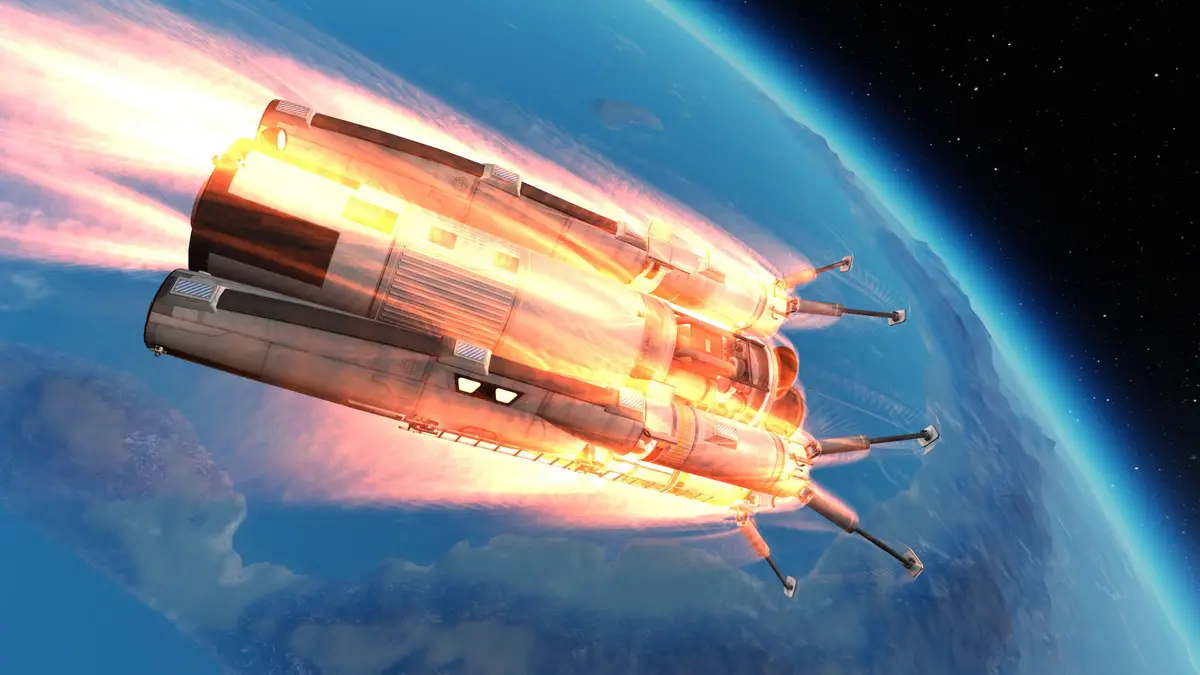 A large, multi-stage rocket with glowing engines is depicted blasting through Earth's atmosphere, leaving a fiery trail…