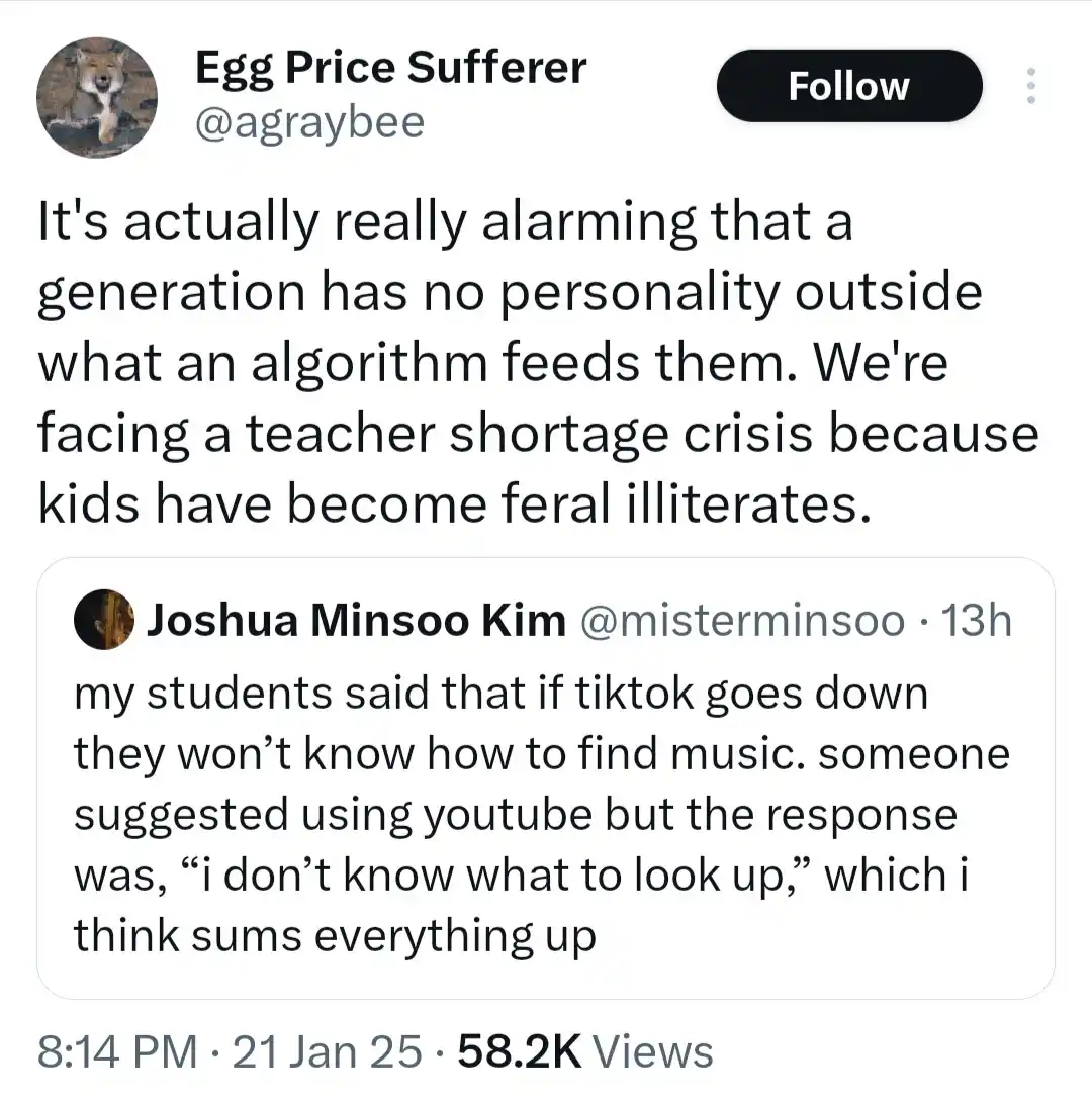 A screenshot of a Twitter thread where the top post laments that a generation lacks personality outside algorithm-fed…