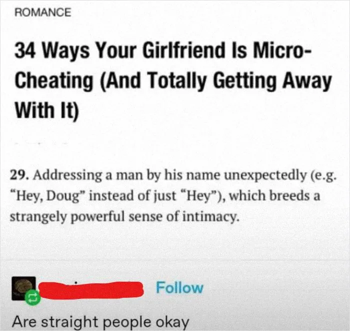 A screenshot of a list titled '34 Ways Your Girlfriend Is Micro-Cheating (And Totally Getting Away With It)' shows item 29…
