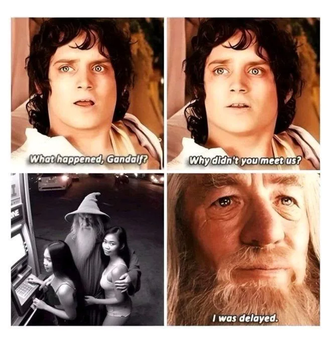 A four-panel meme featuring Frodo Baggins looking shocked in the top two panels, asking 'What happened, Gandalf?' and 'Why…